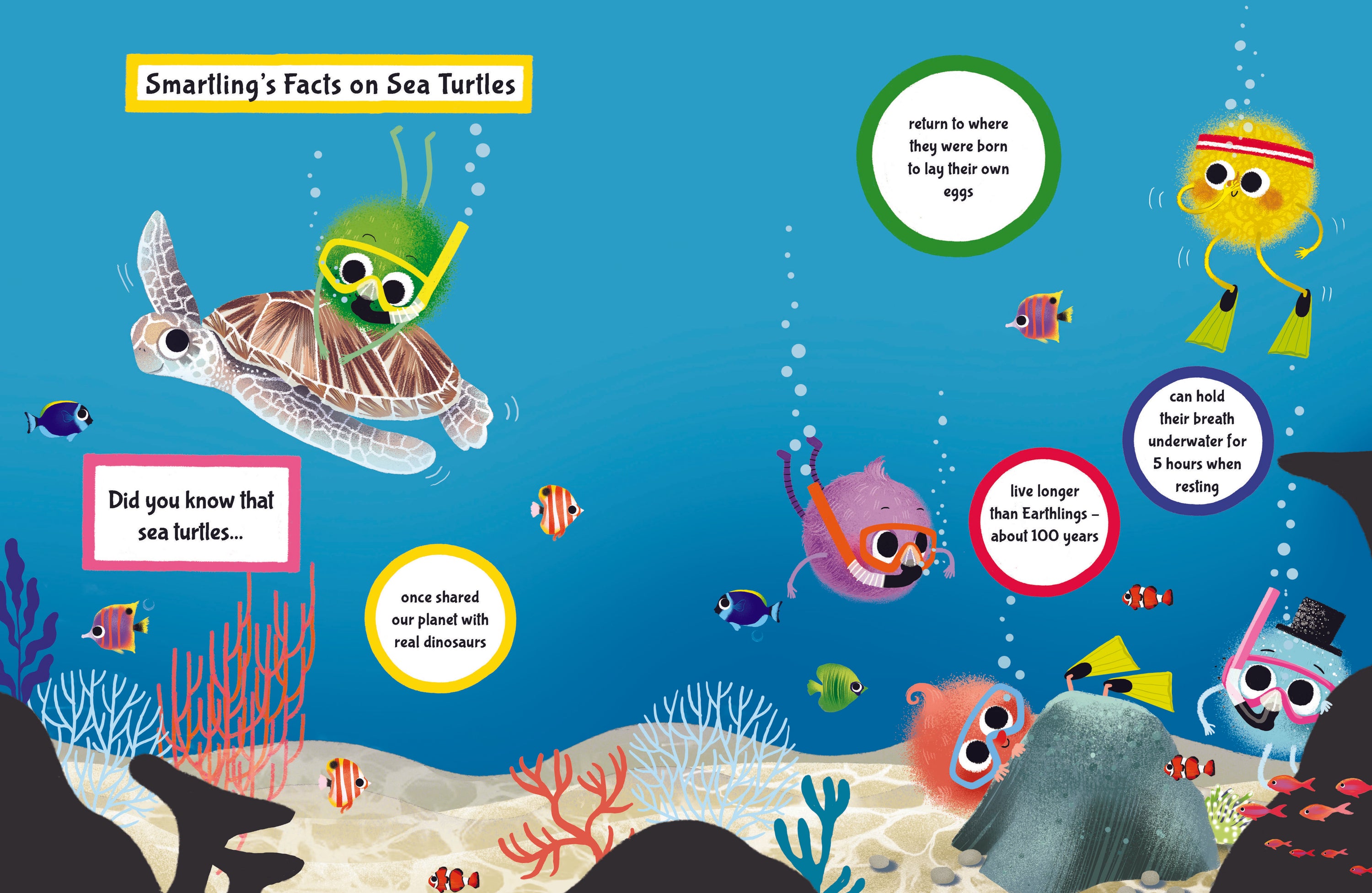 Cover of 'Smartling Saves A Sea Turtle', featuring colorful illustrations of sea turtles and the Tingalings characters in an ocean setting.